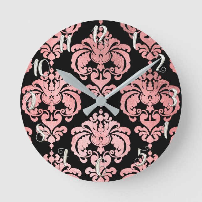 Horloge Ronde Rose Gold Rose & Noir Damask Moderne Personnalisé (Recto)
