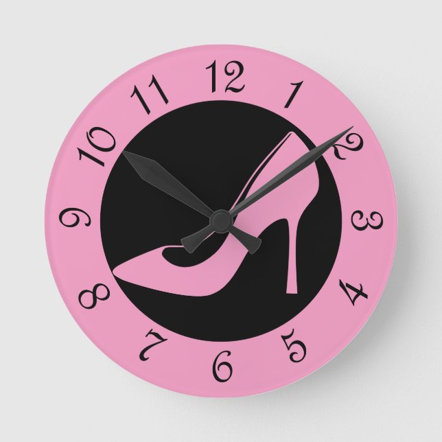Horloge ronde rose haute chaussure rétro (Recto)