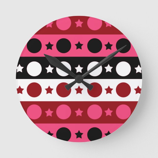 Horloge Ronde Rose noir blanc Cercle Étoiles rayures Design (Recto)