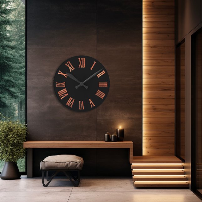 Horloge Ronde Rose noir cuivre or minimal métal urbain (Black Copper Rose Gold Minimal Metallic Urban Round Clock)