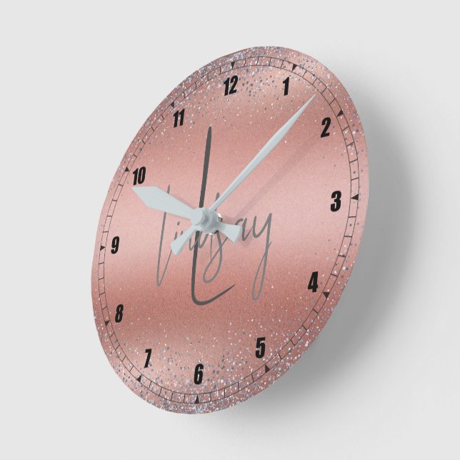 Horloge Ronde Rose or brossé Parties scintillant métal brossé Mo (Angle)