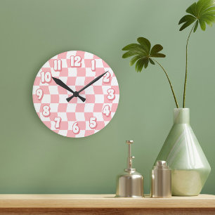 Horloge Ronde Rose pastel rétro damier ondulé blanc