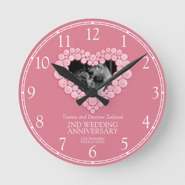 Horloge Ronde Rose quartz coeur rose 2e anniversaire mariage (Recto)