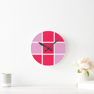 Horloge Ronde Rose rose blanc lignes carrés géométrique