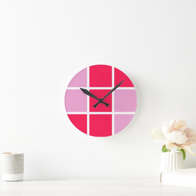 Horloge Ronde Rose rose blanc lignes carrés géométrique (Maison)