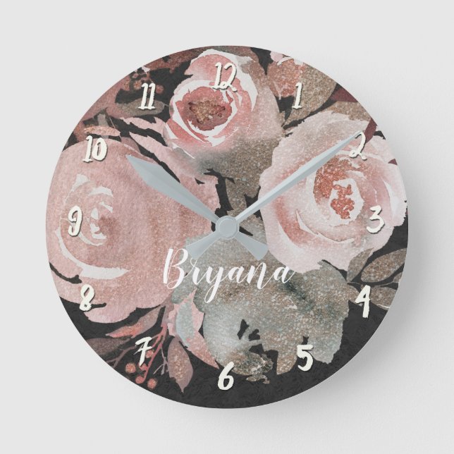 Horloge Ronde Rose Rose Glitter Roses Dark Floral Glam Elegant (Recto)