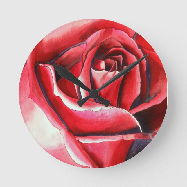 Horloge Ronde Rose rouge cramoisie, aquarelle originale (Recto)