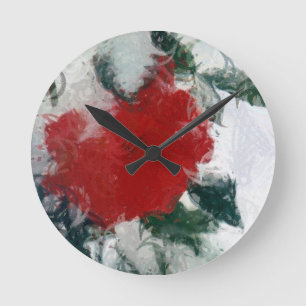 Horloge Ronde Rose rouge en neige