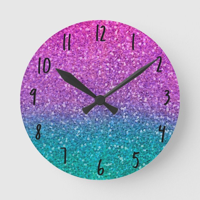 Horloge Ronde Rose Turquoise Aqua Bleu Et Violet Pailleté Brilla (Recto)