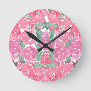 Horloge Ronde Roses aquarelles romantiques motif floral rose rou
