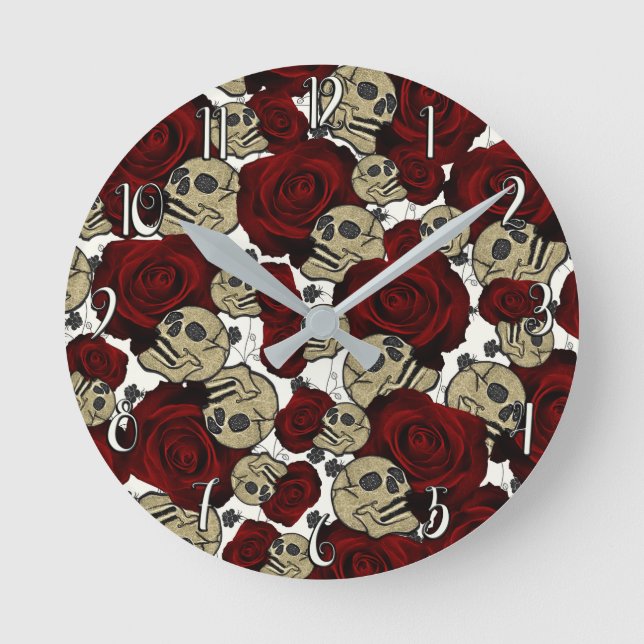 Horloge Ronde Roses et crânes rouges Floral Blanc gothique noir (Recto)