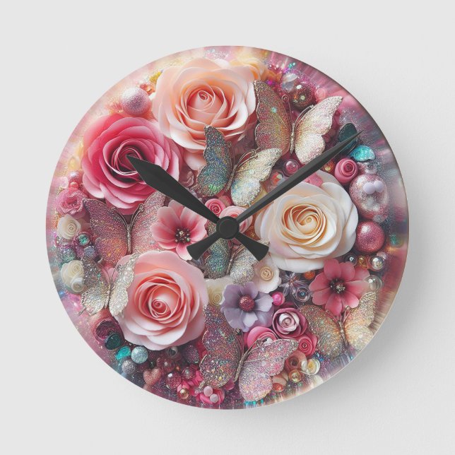 Horloge Ronde roses et papillons de Parties scintillant Abstrait (Recto)