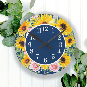 Horloge Ronde Roses roses jaunes et tournesols bleu marine monog