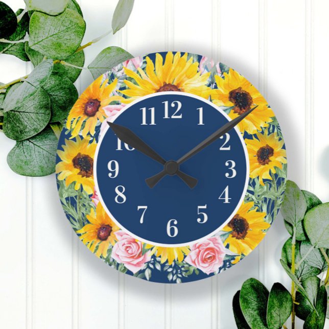 Horloge Ronde Roses roses Tournesols bleu marine Monogramme (Créateur téléchargé)