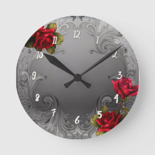Horloge Ronde Roses rouges fantaisie vintage ornementales argent