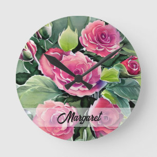 Horloge Ronde Roses Rouges Personnalisées Aquarelle