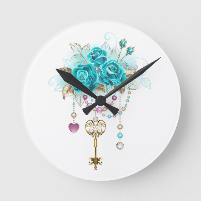Horloge Ronde Roses turquoise avec touches (Recto)