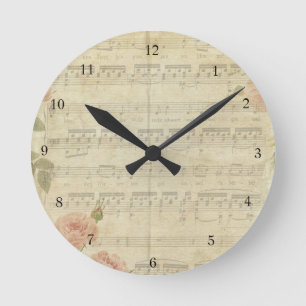 Horloge Ronde Roses vintages de parchemin et de musique
