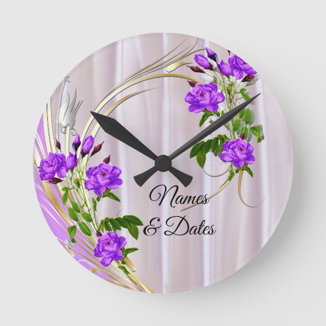 Horloge Ronde Roses violets d'aquarelle violette sur soie rose (Recto)