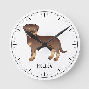Horloge Ronde Rouge Et Tan Rottweiler Cute Cartoon Chien Et Nom