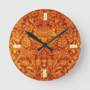 Horloge Ronde Rouge floral et jaune doré, design Wm Morris