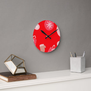Horloge Ronde Rouge Joyeux Noël Ornements Snowflakes Gants
