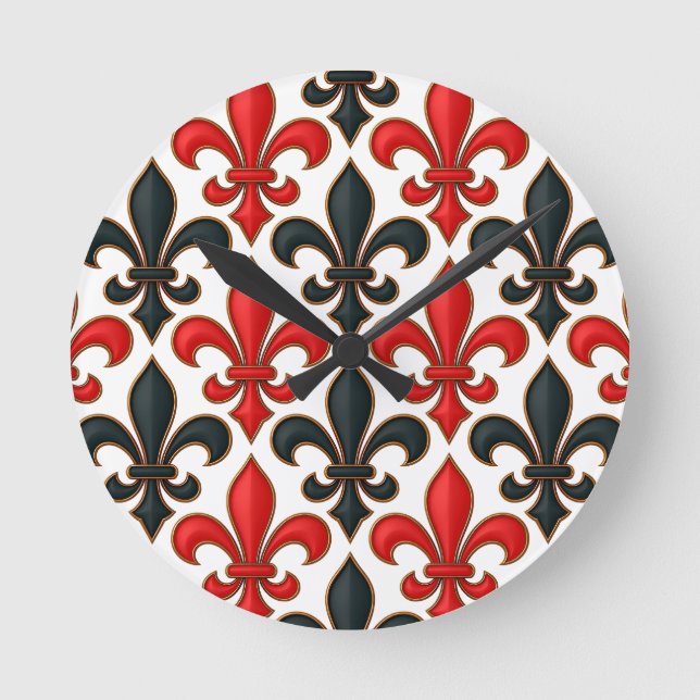 Horloge Ronde Rouge noir baroque Fleur de lis Motif Design (Recto)