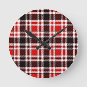 Horloge Ronde Rouge Noir Blanc Flannel Tartan Design Motif