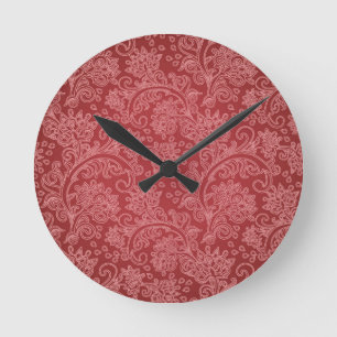 Horloge Ronde Rouge Paisley Damassé Designer Floral Vintage Clas