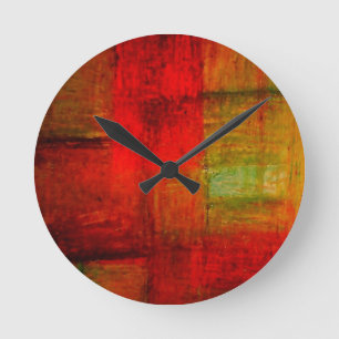 Horloge Ronde Rouge Vert brun Jaune Art Abstrait
