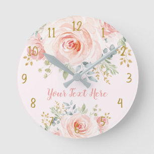 Horloge Ronde Rougissent assez le rose rose d'or floral