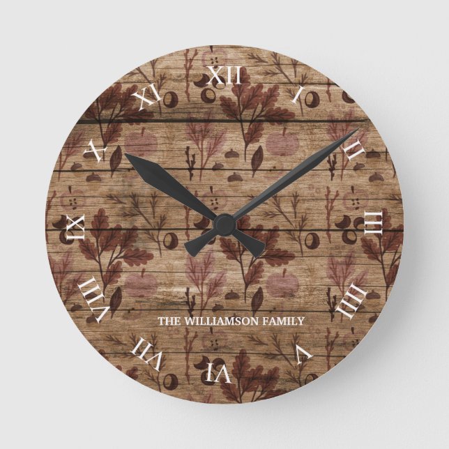 Horloge Ronde Rustic Brown Wooden Fall Pattern Family Name  (Recto)