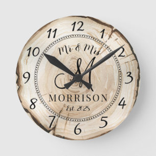 Horloge Ronde Rustic Personnalisé Mariage Nouveaux mariés