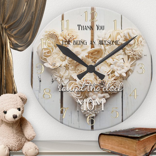 Horloge Ronde Rustic Wood Floral Heart Maman (Créateur téléchargé)