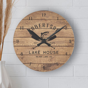 Horloge Ronde Rustic Wood Lake Nom de famille