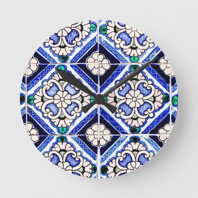 Horloge Ronde Rustique Azulejo Motif espagnol Carreaux Marine Bl (Recto)