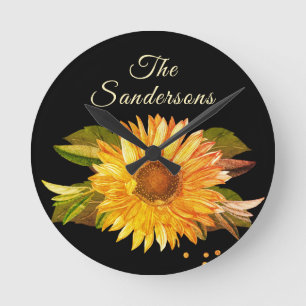 Horloge Ronde Rustique Chic Tournesol Jaune Doré
