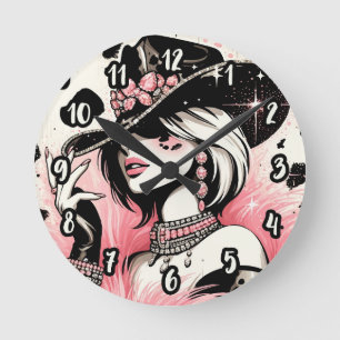 Horloge Ronde Rustique Glam Cowgirl rose étincelante Cowhide Imp