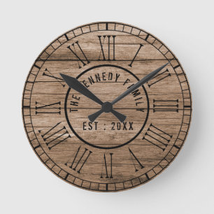 Horloge Ronde Rustique Grange Bois Ferme Noir chiffres romains