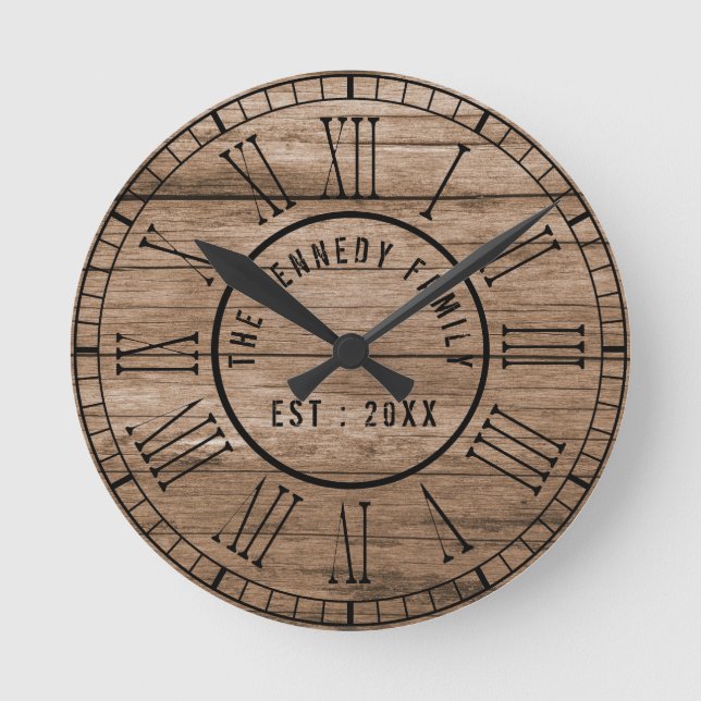 Horloge Ronde Rustique Grange Bois Ferme Noir chiffres romains (Recto)