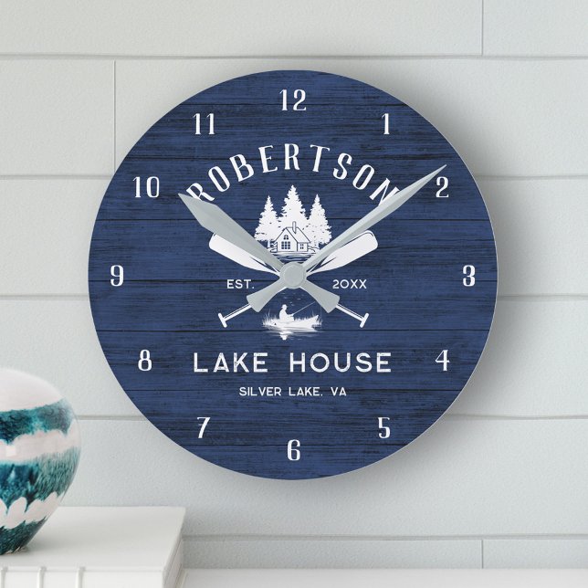 Horloge Ronde Rustique Marine Bleu Bois Famille Lac Maison Arbre (Créateur téléchargé)