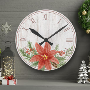 Horloge Ronde Rustique Noël Poinsettia Botanique