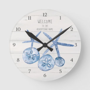 Horloge Ronde Sable de plage Dollar Moderne Bleu Blanc Bois