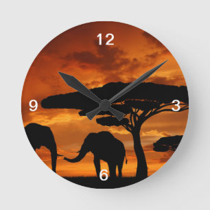 Horloge Ronde Safari Baobab africain silhouette d'éléphant