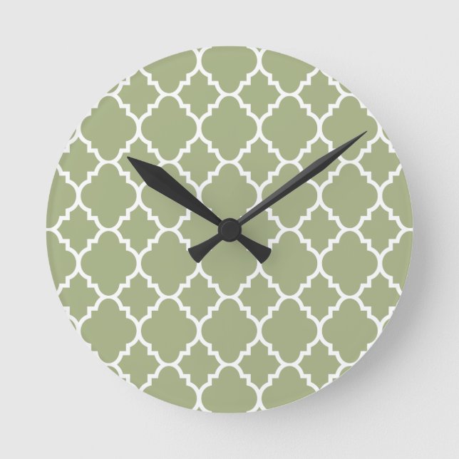 Horloge Ronde Sage Green White Quatrefoil Motif marocain (Recto)