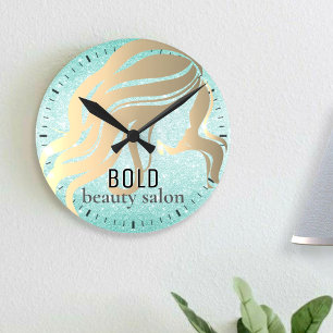 Horloge Ronde Salon de beauté Nom Metallic Gold Aqua Parties sc