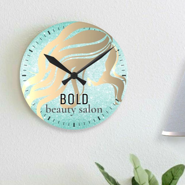 Horloge Ronde Salon de beauté Nom Metallic Gold Aqua Parties sci (Créateur téléchargé)
