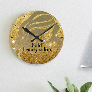 Horloge Ronde Salon de beauté Nom personnalisé Gold Metallic e