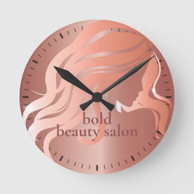 Horloge Ronde Salon de beauté Nom personnalisé Rose Mur métalliq (Recto)