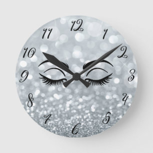 Horloge Ronde Salon des cils noirs Parties scintillant argent Pe